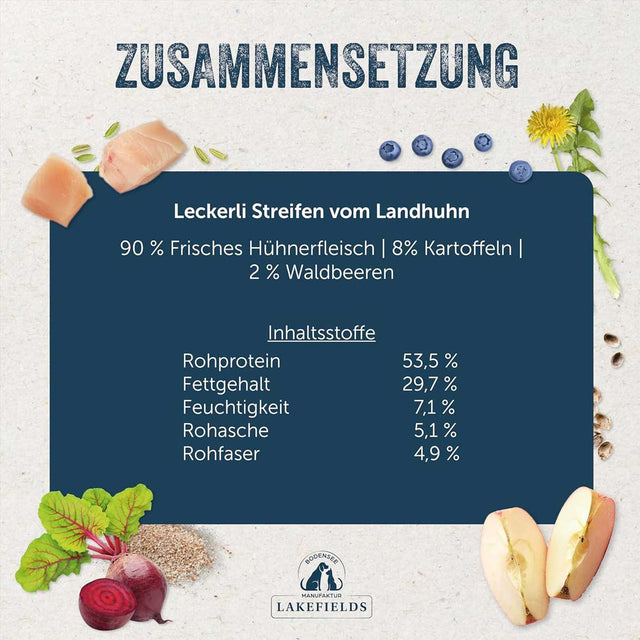 Lakefields Manufaktur Hundeleckerli Streifen vom Huhn Fleischsnacks