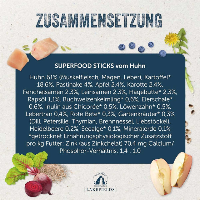 Lakefields Manufaktur Hundeleckerli SUPERFOOD Sticks Landhuhn Fleischsnacks