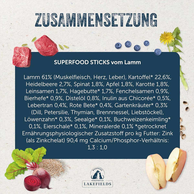 Lakefields Manufaktur Hundeleckerli SUPERFOOD Sticks Weidelamm Fleischsnacks