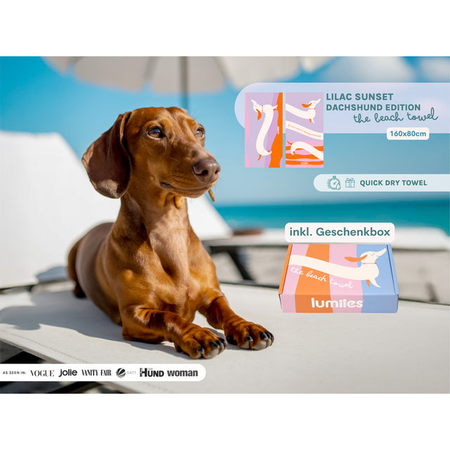 lumiies The Beach Towel – Dackel, Lilac Sunset (80x160 cm) Hundehandtuch