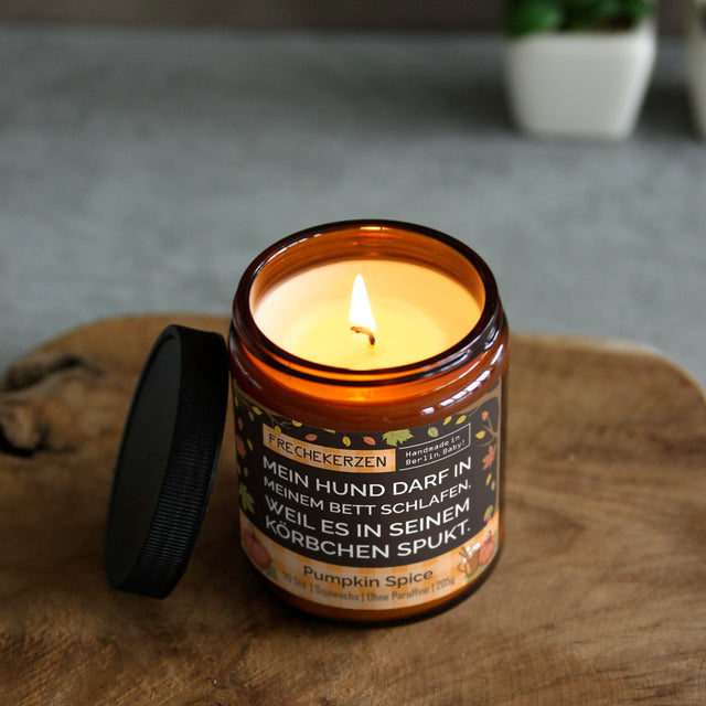 mysoy Duftkerzen Manufaktur Duftkerze „Mein Hund darf in meinem Bett schlafen“, Pumpkin Spice Duftkerze