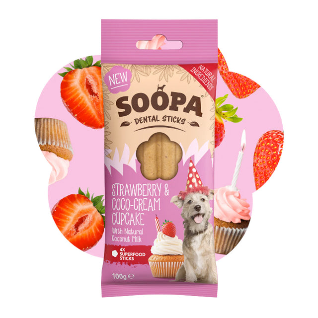 Soopa Birthday Dental Sticks, Strawberry & Coco-Cream Cupcake Hundeleckerli