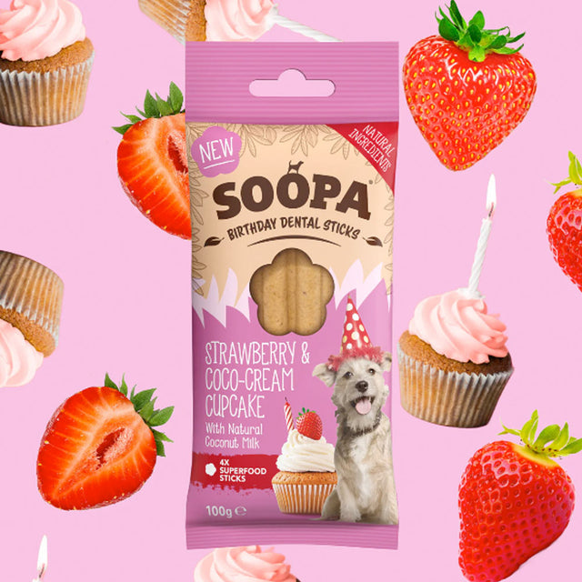 Soopa Birthday Dental Sticks, Strawberry & Coco-Cream Cupcake Hundeleckerli