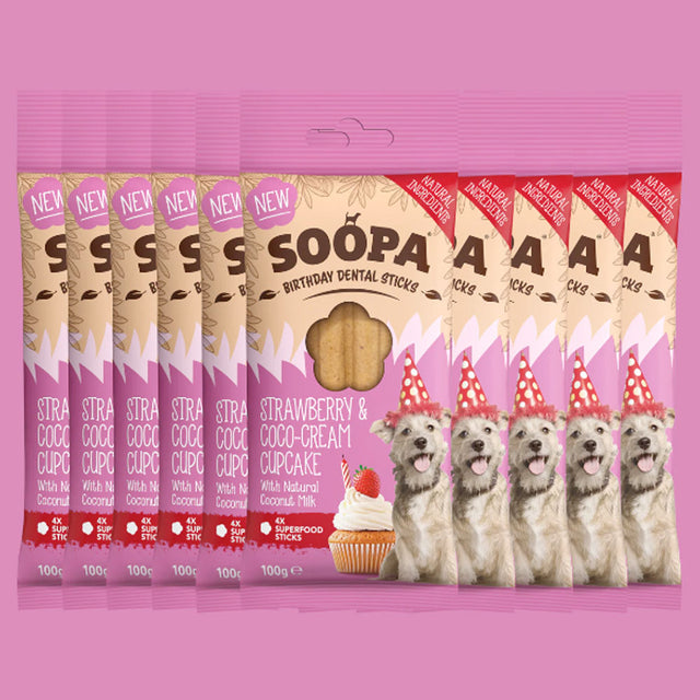 Soopa Birthday Dental Sticks, Strawberry & Coco-Cream Cupcake Hundeleckerli