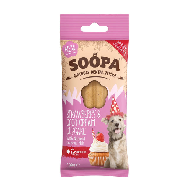 Soopa Birthday Dental Sticks, Strawberry & Coco-Cream Cupcake Hundeleckerli