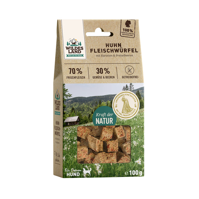 Wildes Land Fleischwürfel Huhn, 100g Fleischsnacks