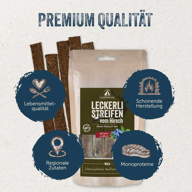 Lakefields Manufaktur Hundeleckerli Streifen vom Hirsch Fleischsnacks