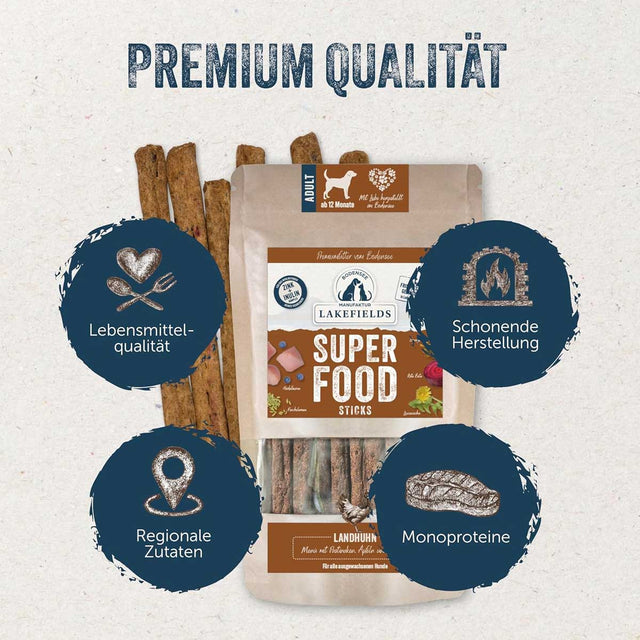 Lakefields Manufaktur Hundeleckerli SUPERFOOD Sticks Landhuhn Fleischsnacks