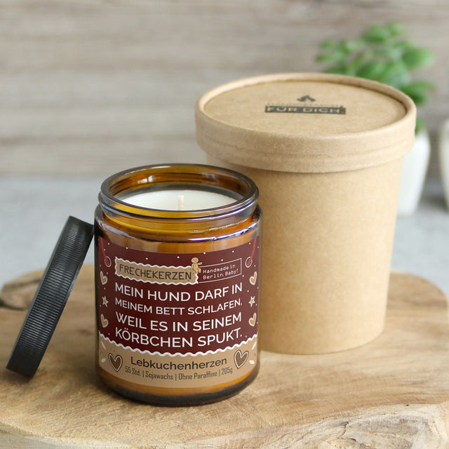 mysoy Duftkerzen Manufaktur Duftkerze „Mein Hund darf in meinem Bett schlafen ...“, Lebkuchenherzen Duftkerze