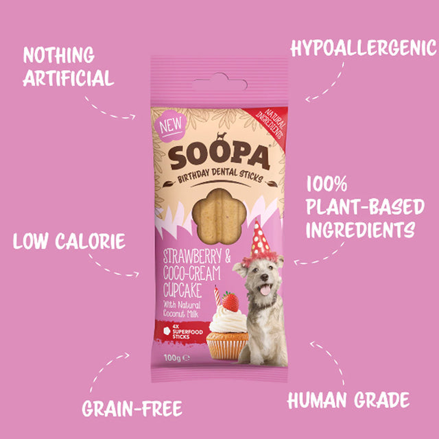 Soopa Birthday Dental Sticks, Strawberry & Coco-Cream Cupcake Hundeleckerli