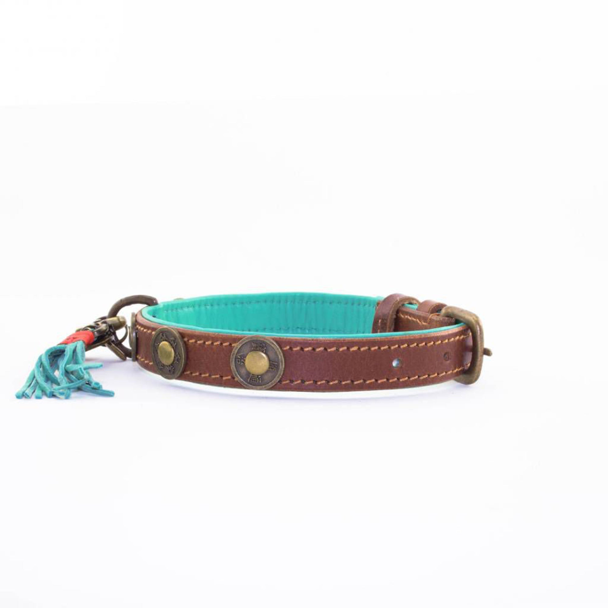 Dog With A Mission Handgefertigtes Hundehalsband Größe S - Boho/Hippie Style, Blau-Rot Mit Perlen, Aus Weichem Echtleder, 2 Cm Breit